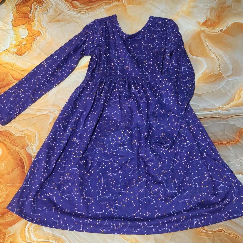 Lands' End Girls Size 8 Purple Stars Constellations Long Sleeve Dress Pockets